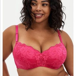 TORRID FULL COVERAGE BALCONETTE BRA LACE HOT PINK WITH 360° BACK SMOOTHING 40DDD